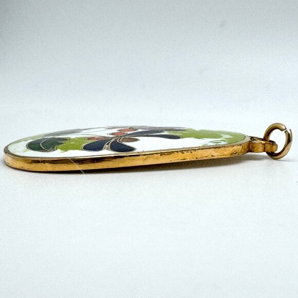 Vintage Cloisonné Enamel Floral Pendant With Gold-Tone Trim - Picture 8 of 8